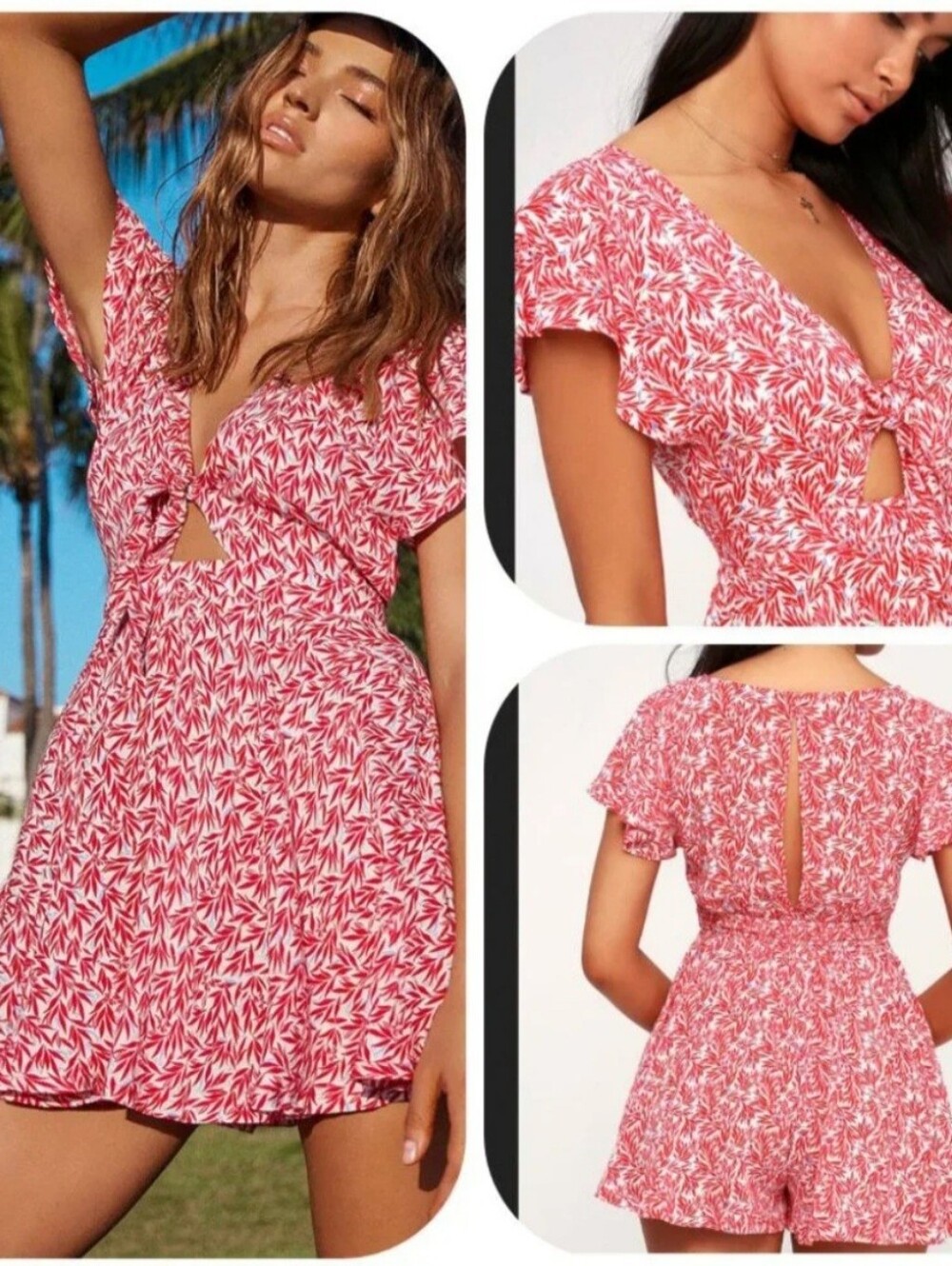 Lulus‎ Dondi Red and White Print Tie-Front Short Sleeve Romper Womens Size Small